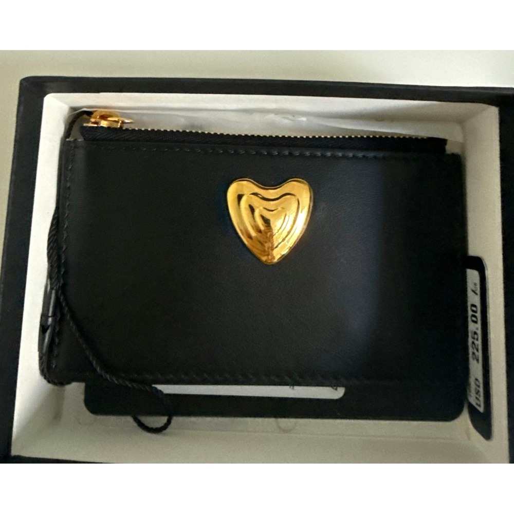 ESCADA Black Leather Gold‎ Heart Zip Card Holder Pouch Wallet